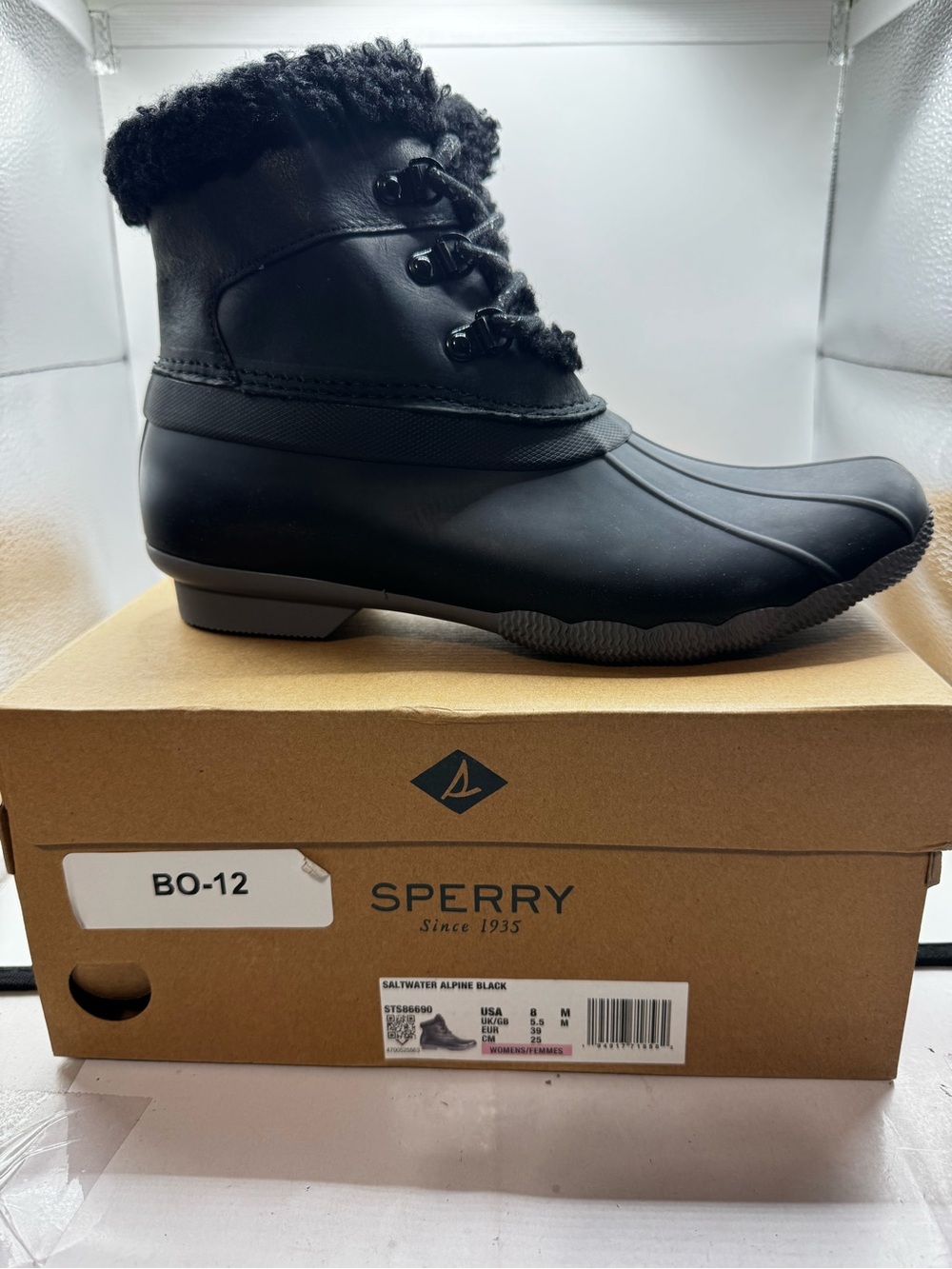 Sperry Black Lace-Up Faux Shearling Rain Boot
